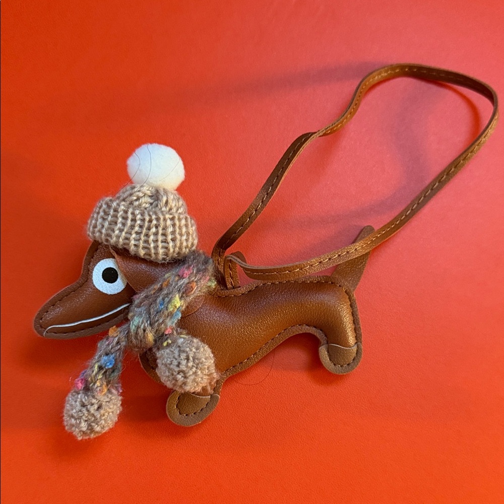 Brown Dachshund Leather Charm with Knit Hat & Pom-Pom